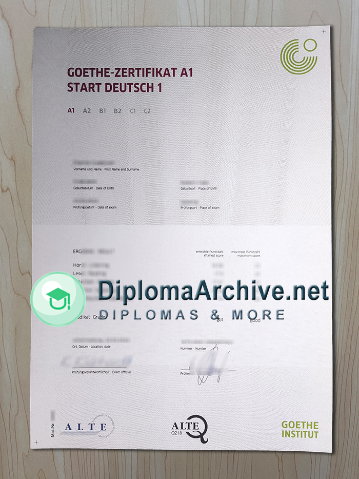 Goethe Zertifikat A1 certificate