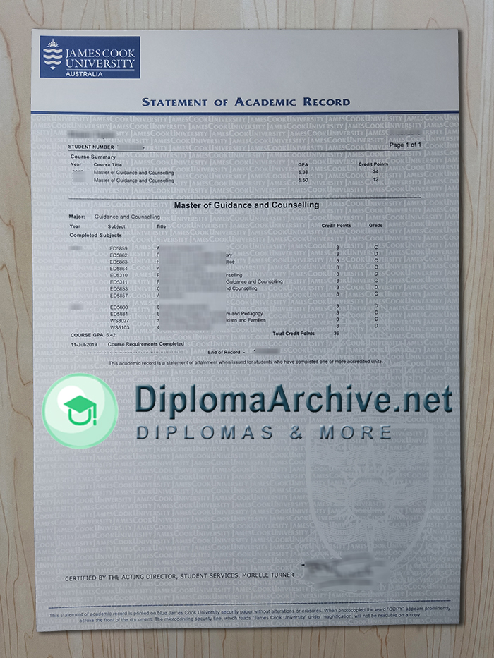 James Cook University transcript