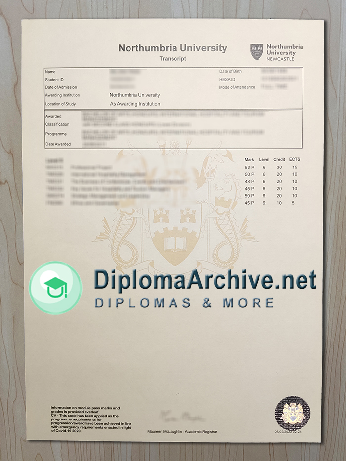 Northumbria University transcript